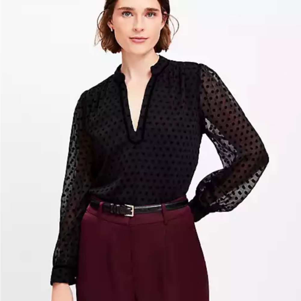 LOFT Sheer Black Polka Dot Blouse